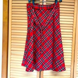 Red plaid skirt, with belt and zipper side by Allegra K